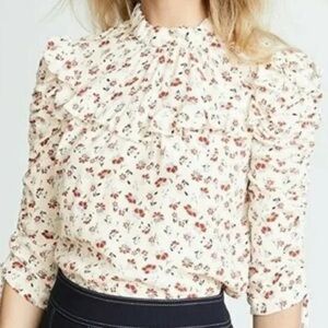 Veronica Beard Shirt 0 White Red Floral Blouse Ruffled Silk Top